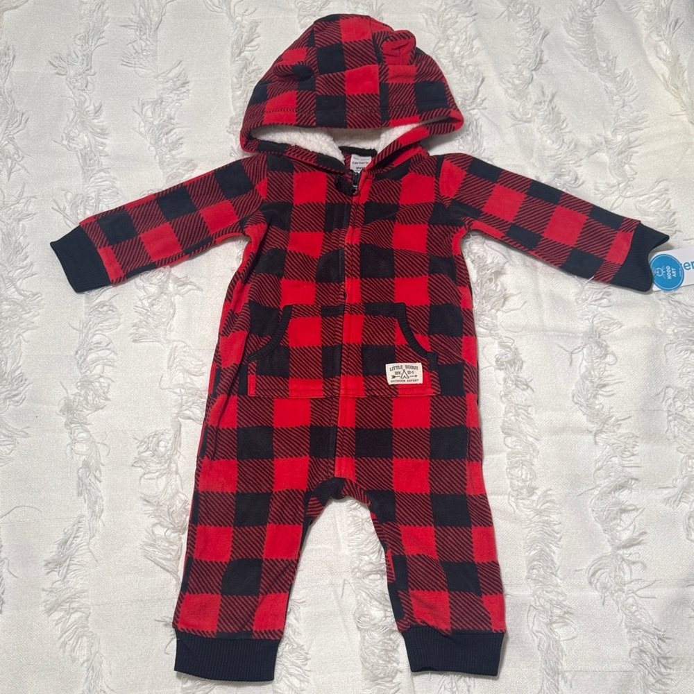 Carters NWT Baby Red Buffalo Plaid Hooded Fleece Jumpsuit Romper 9M